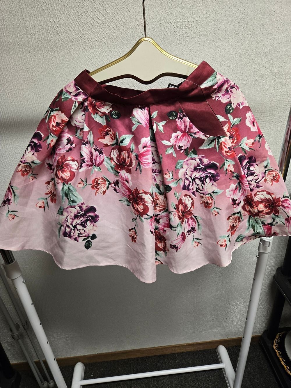 Trixxi Pink 3 layer Floral Circle Skirt with Burgundy Waistband